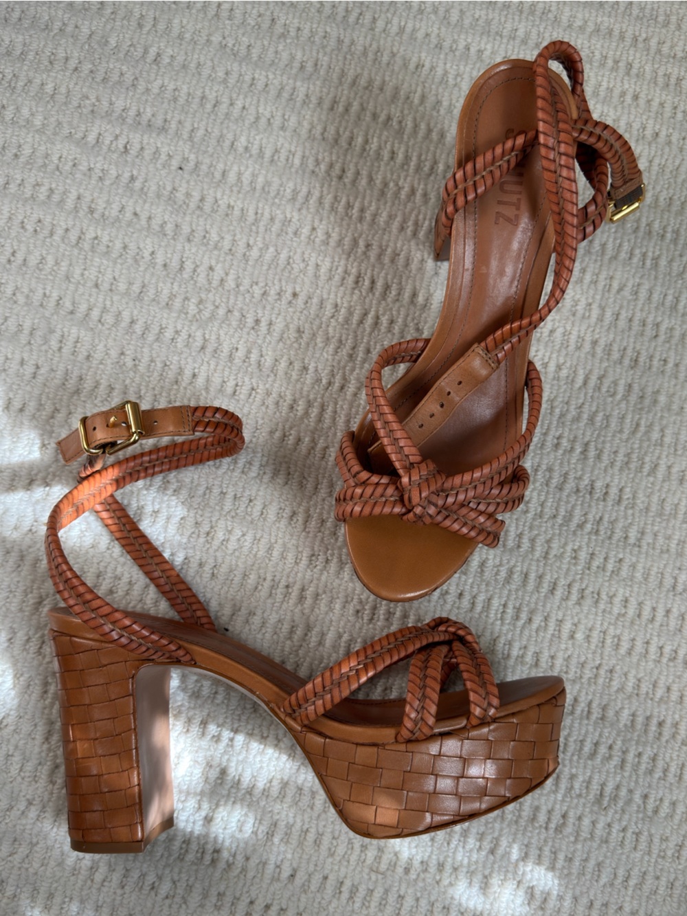 SCHUTZ Woven Cognac Braided Block Heel Sandals